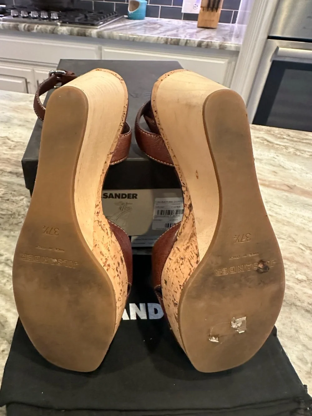 Jil Sander Y2K Leather Cork Wood Wedge Sandals Brown 37.5 Made in Italy